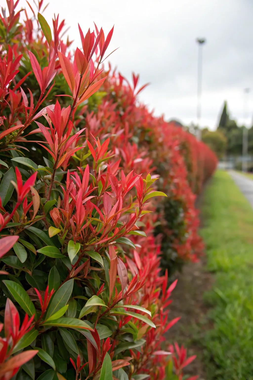 Red tip photinia shrubs with vibrant foliage for privacy.