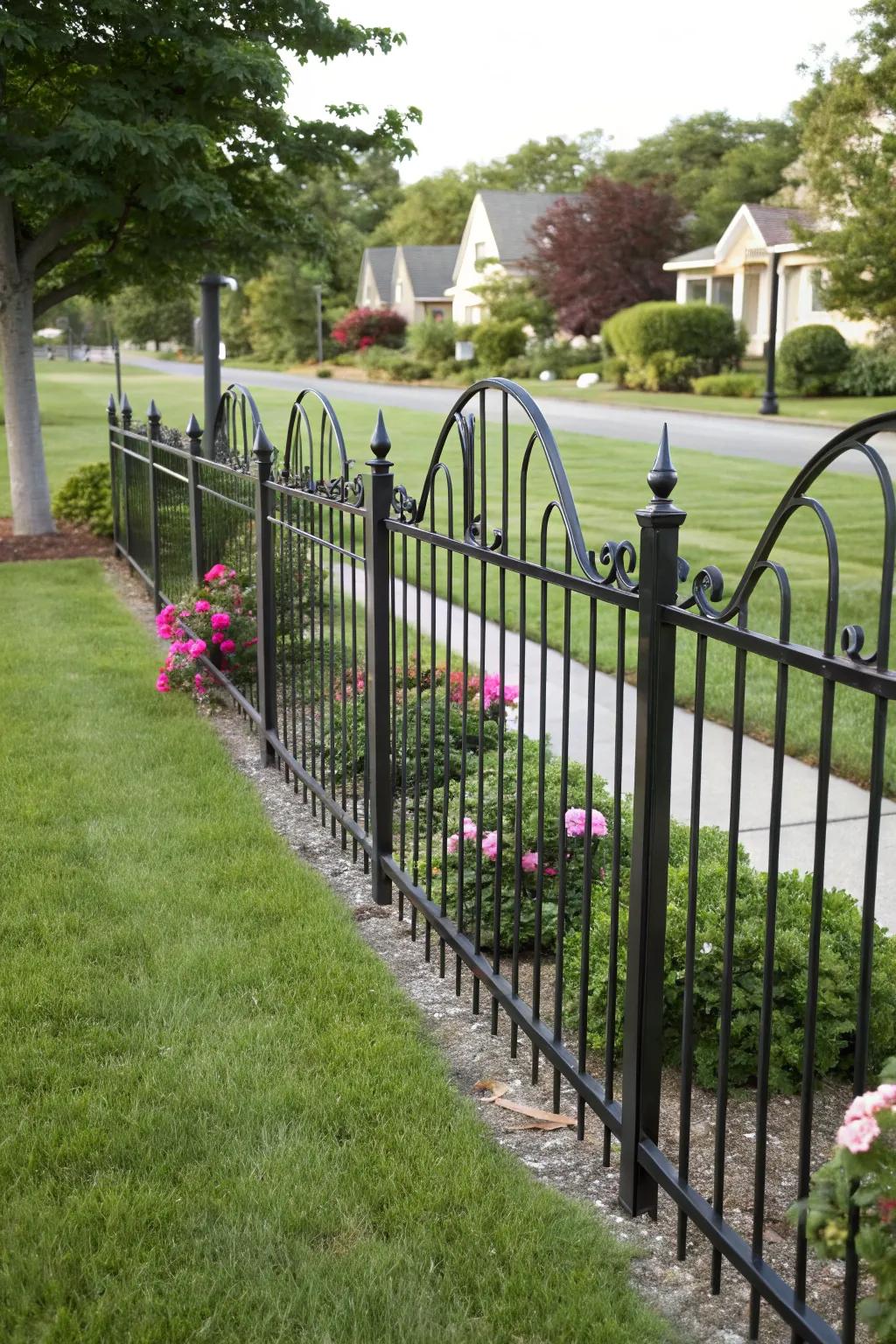 An elegant wrought iron fence featuring arched tops for a sophisticated look.