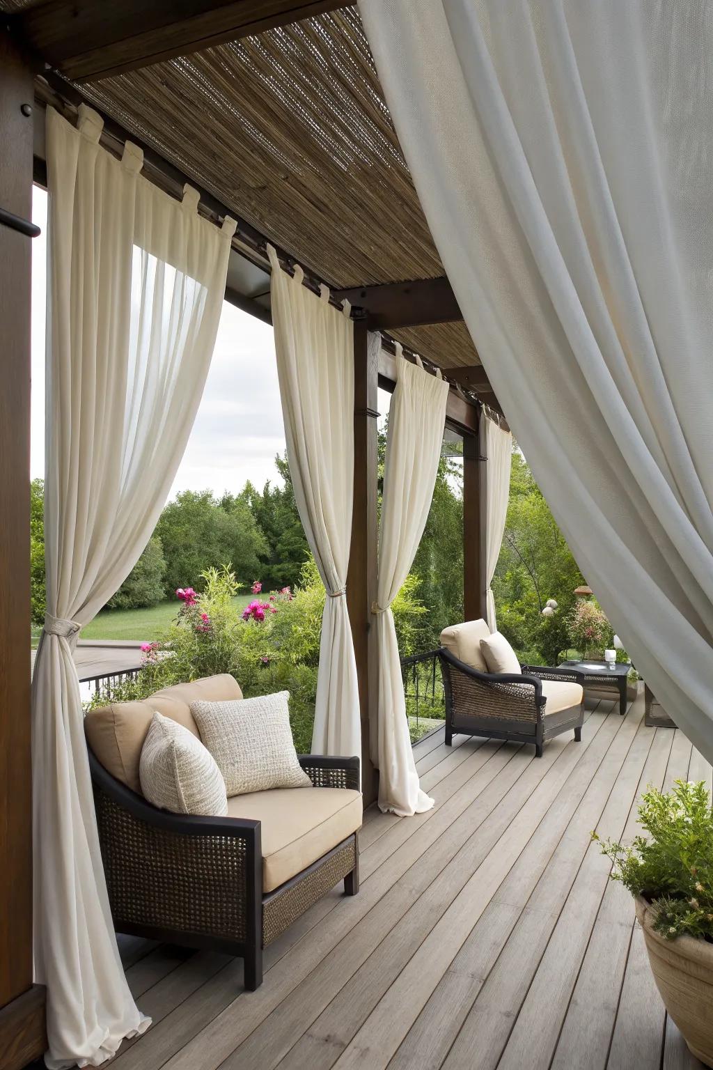 Outdoor curtains provide adjustable privacy and style.
