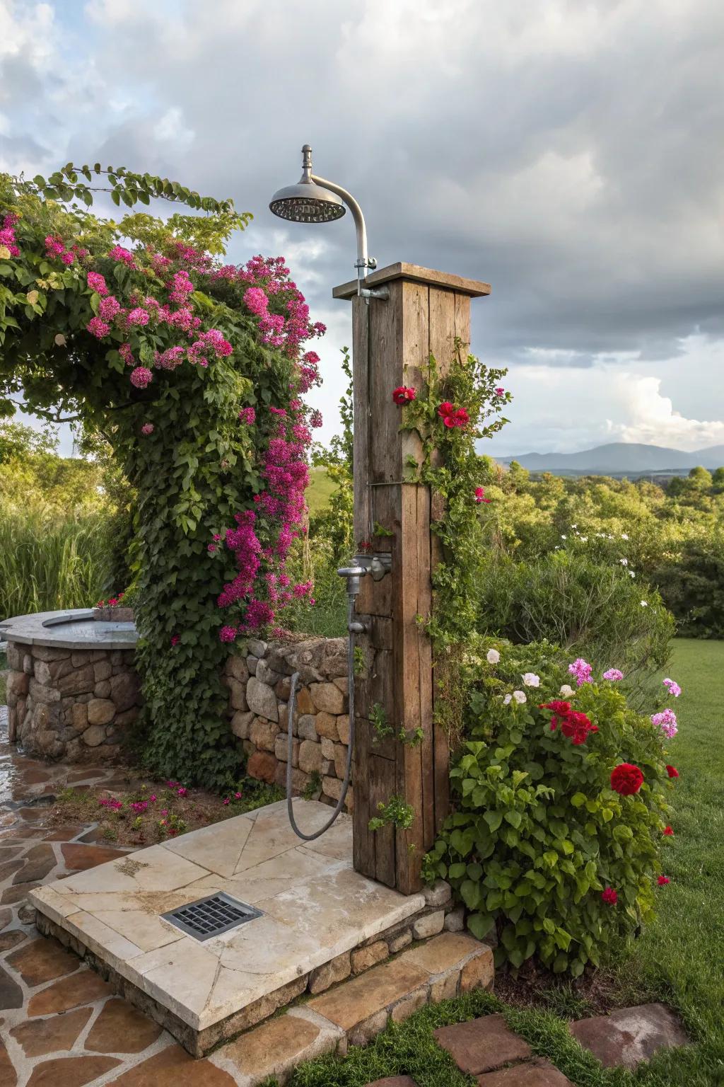 A garden hideaway with lush plants and vines for a secluded shower spot.