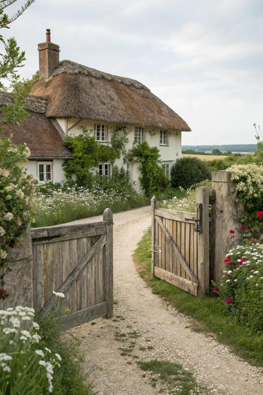 Rustic wooden gates offer a charming farmhouse appeal.