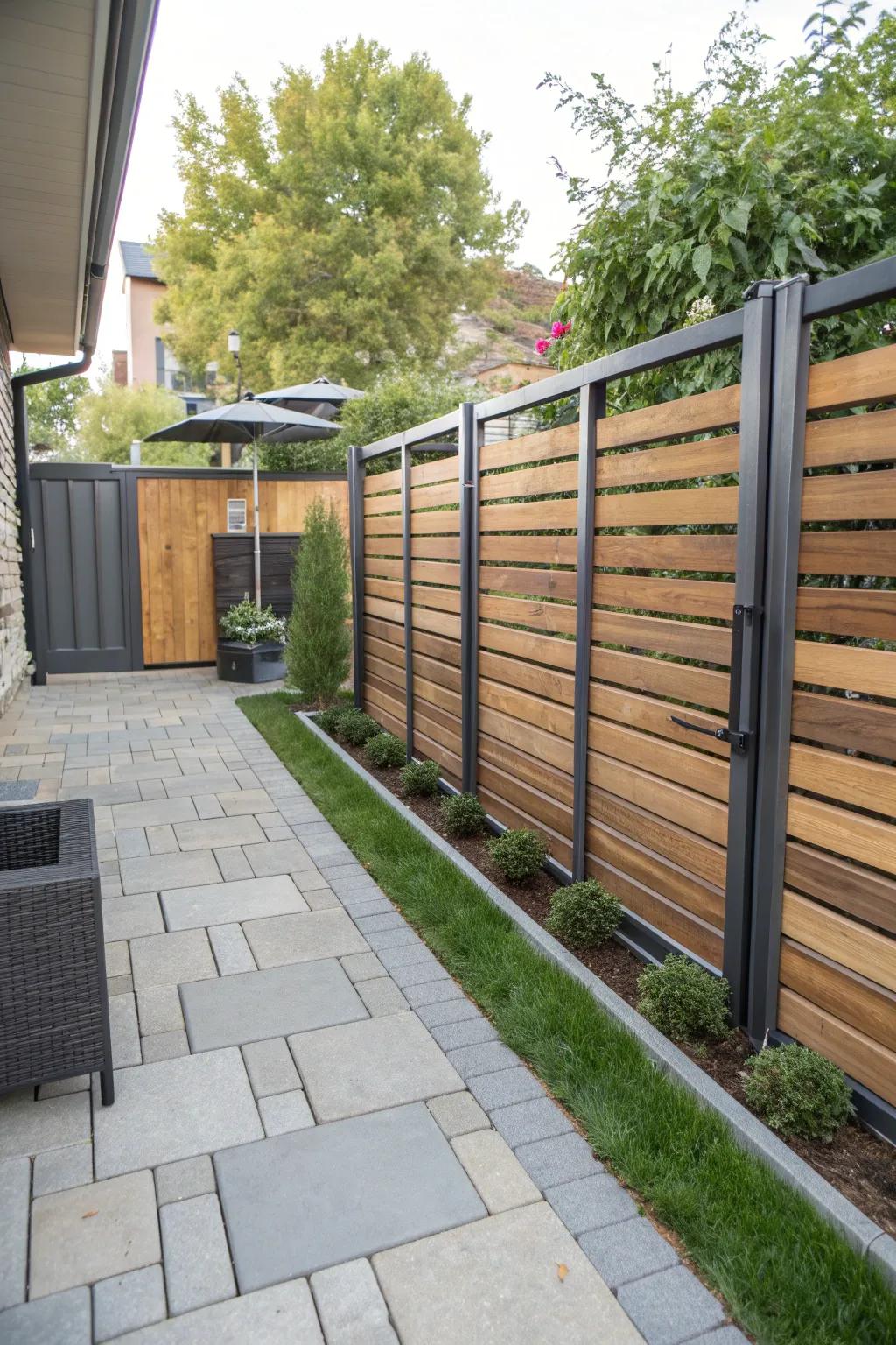 Contemporary fence design combining wood and metal elements.