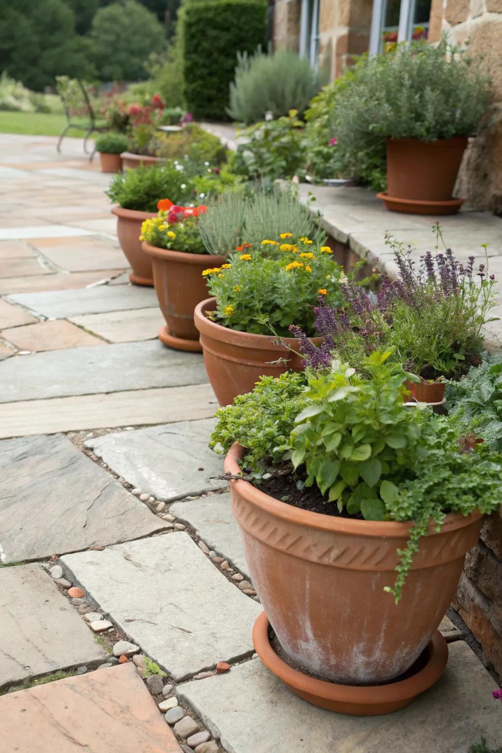 Terracotta pots bursting with herbs and flowers.
