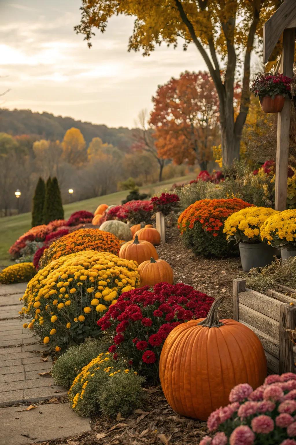 A harmonious blend of pumpkins and flowers, adding a splash of color to the garden.