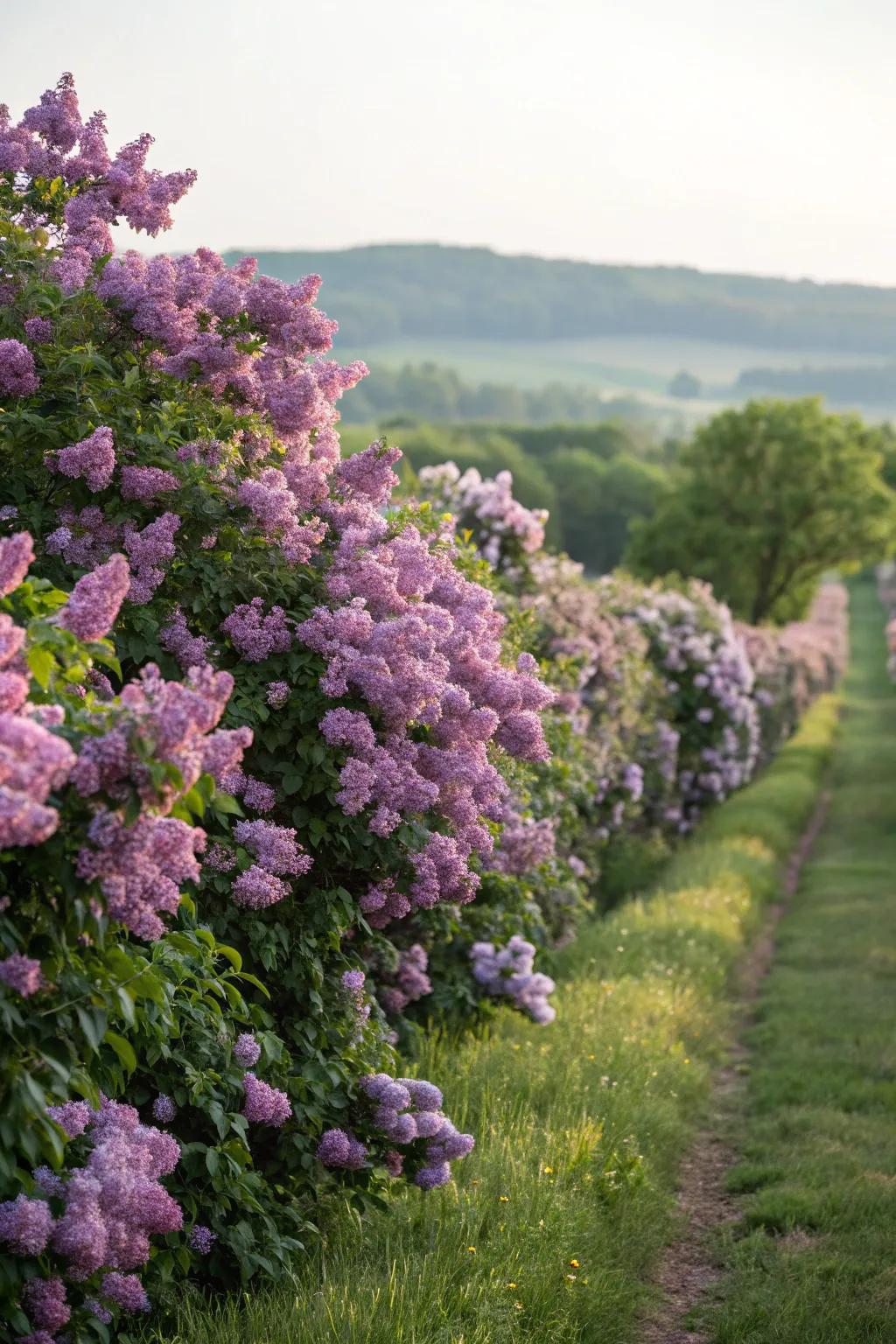 Majestic lilac hedges with blooms that perfume the air.