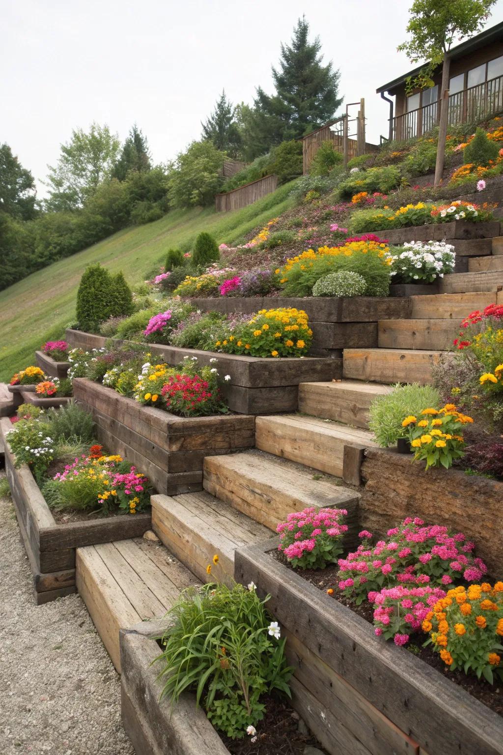 Terraced garden levels created with railroad ties.