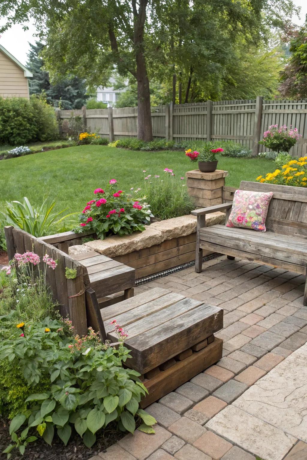 Relax in style with railroad tie seating in your garden.
