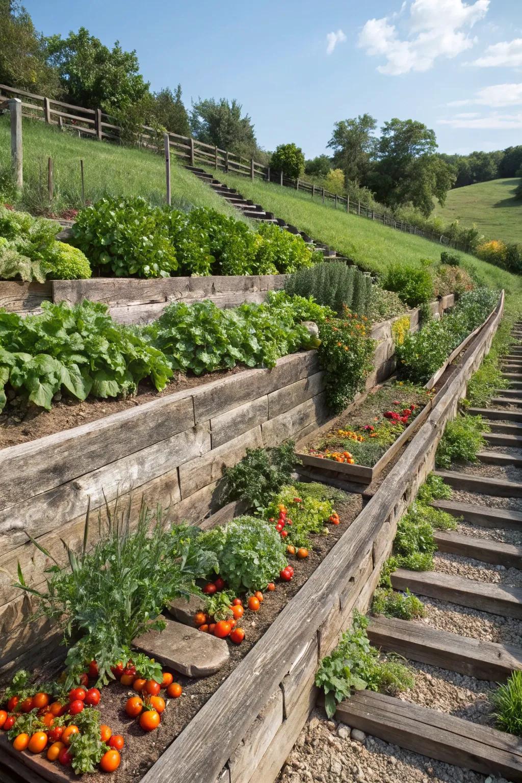 A practical terraced vegetable garden using railroad tie retaining walls for efficient planting.