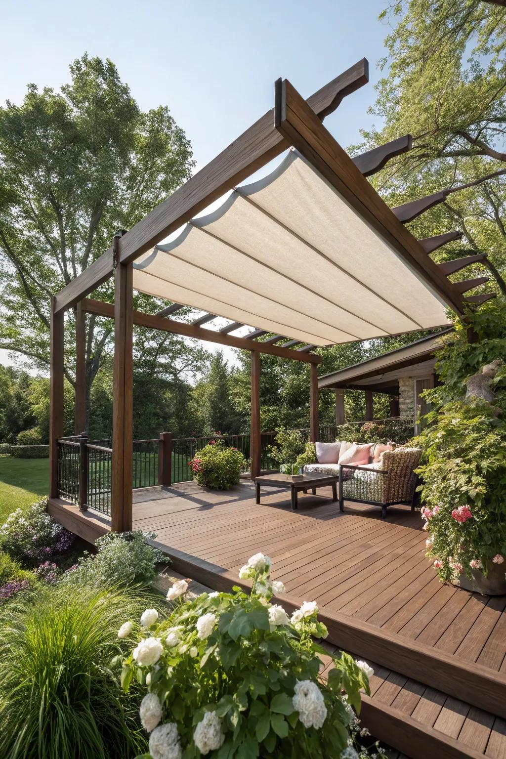A pergola featuring a versatile retractable canopy.