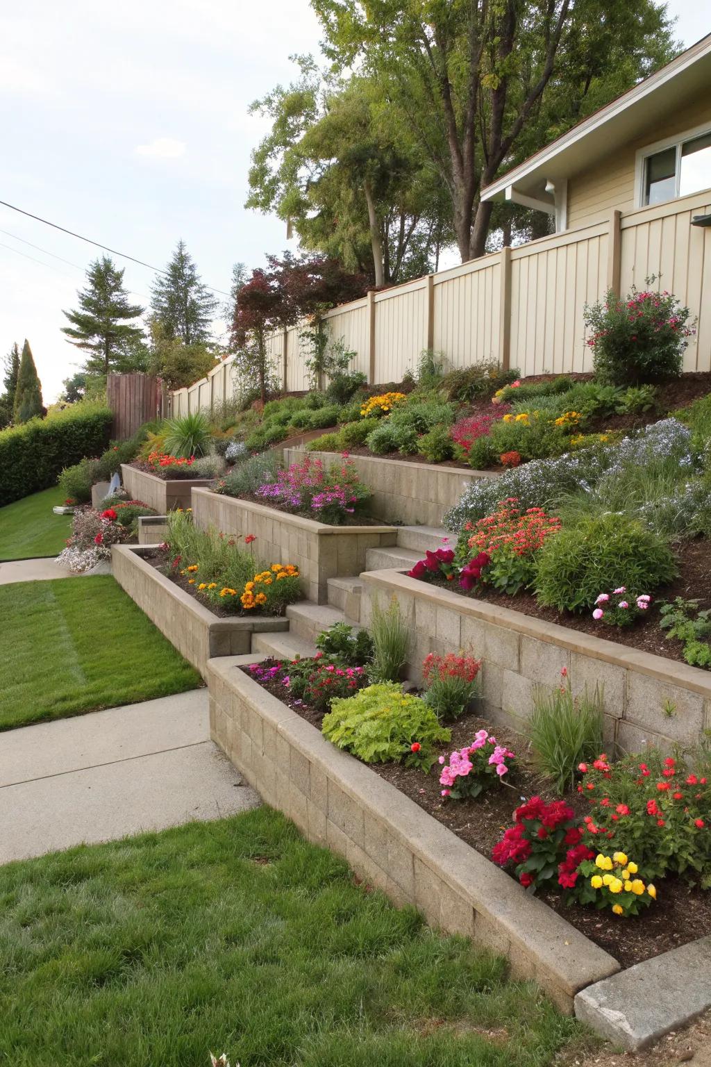Tiered flower beds create visual intrigue and save space.