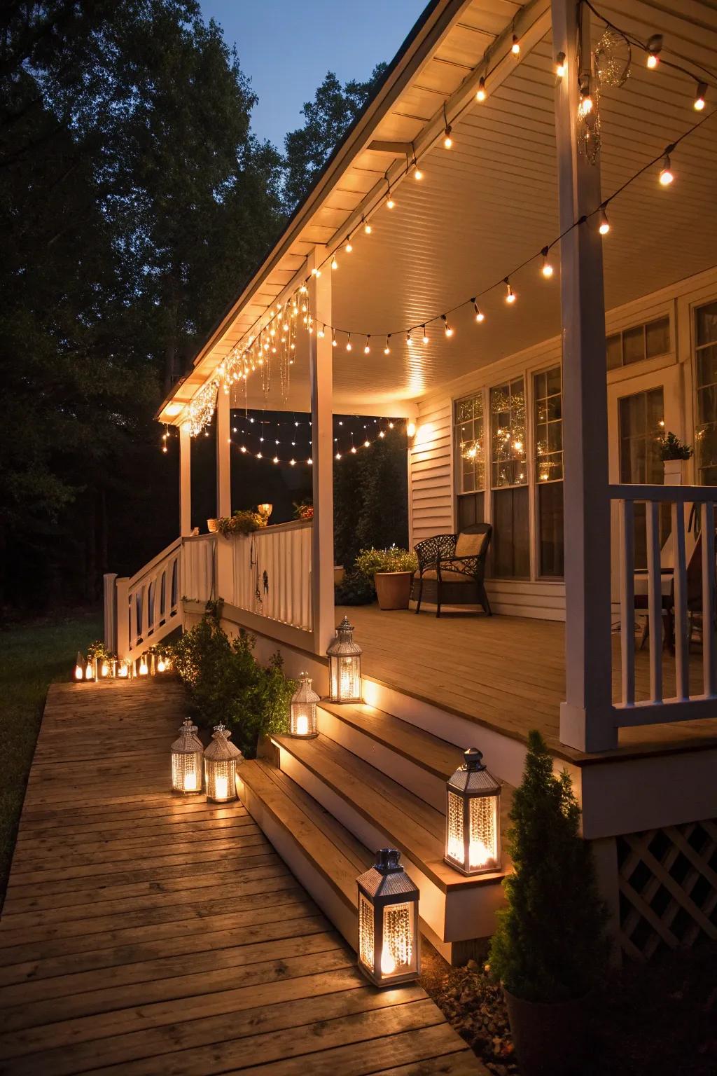 A raised porch illuminated by string lights and lanterns for a cozy ambiance.