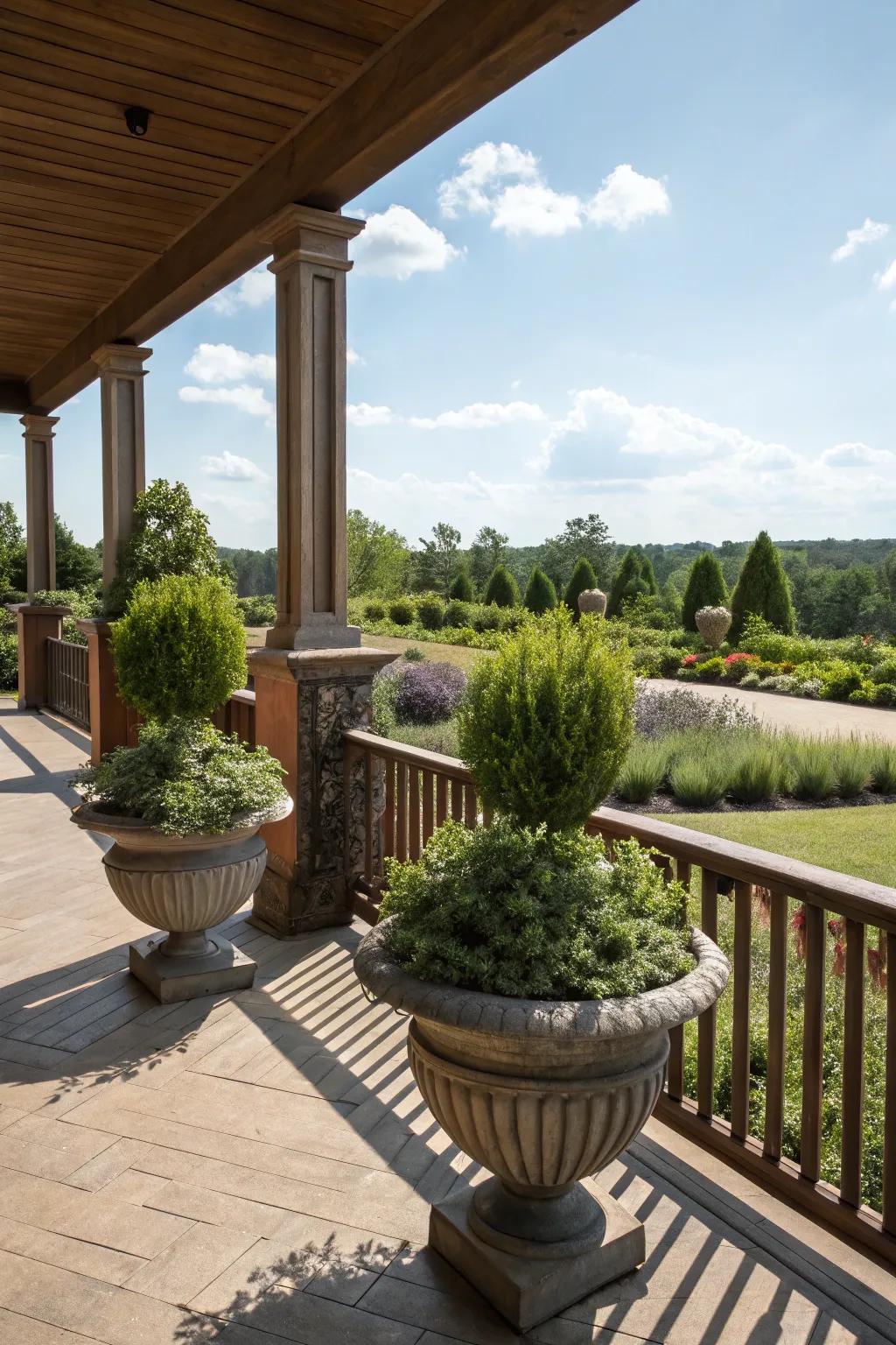 Symmetrical plant arrangement bringing elegance to a raised porch.