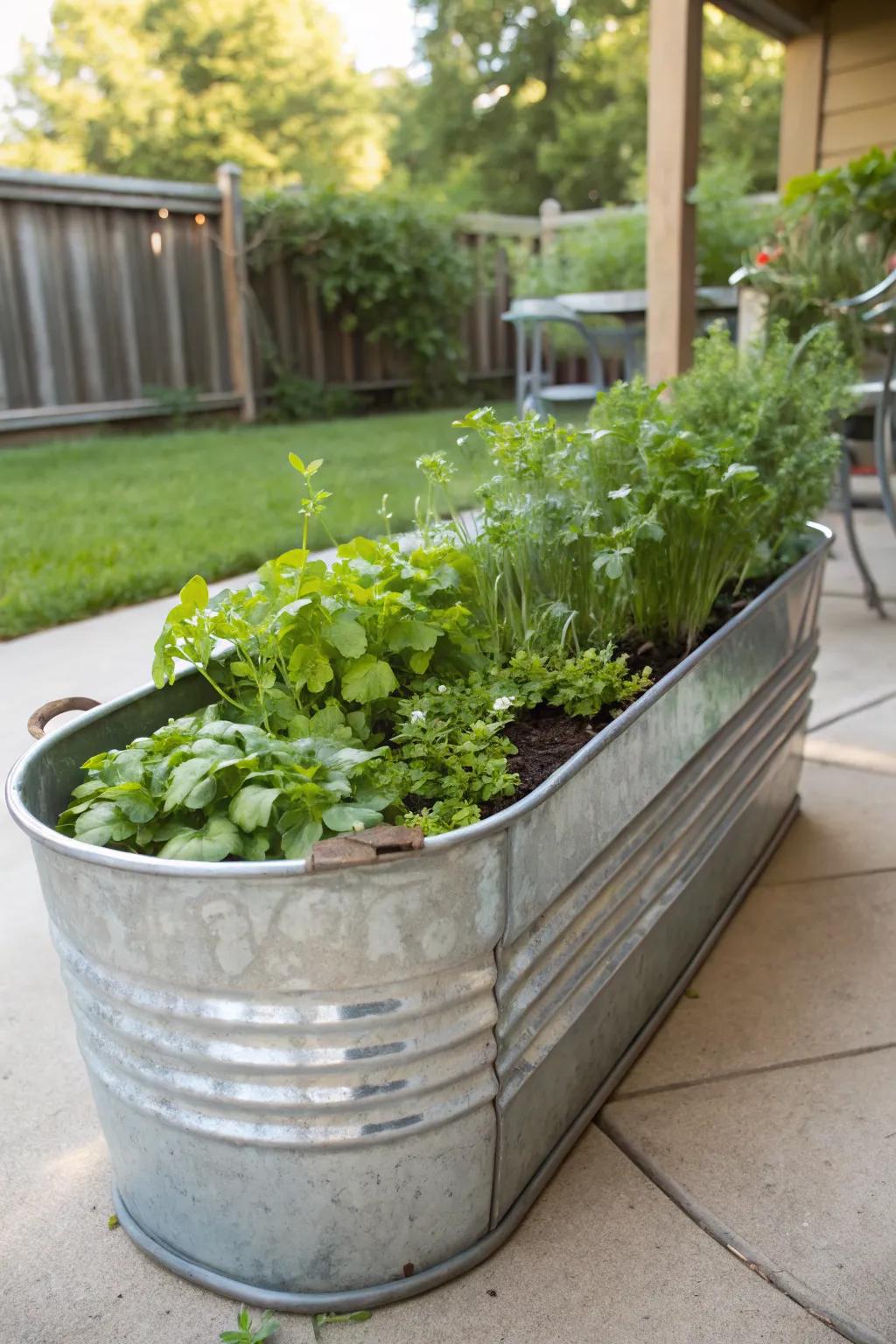 Galvanized tubs offer a rustic and practical garden solution.