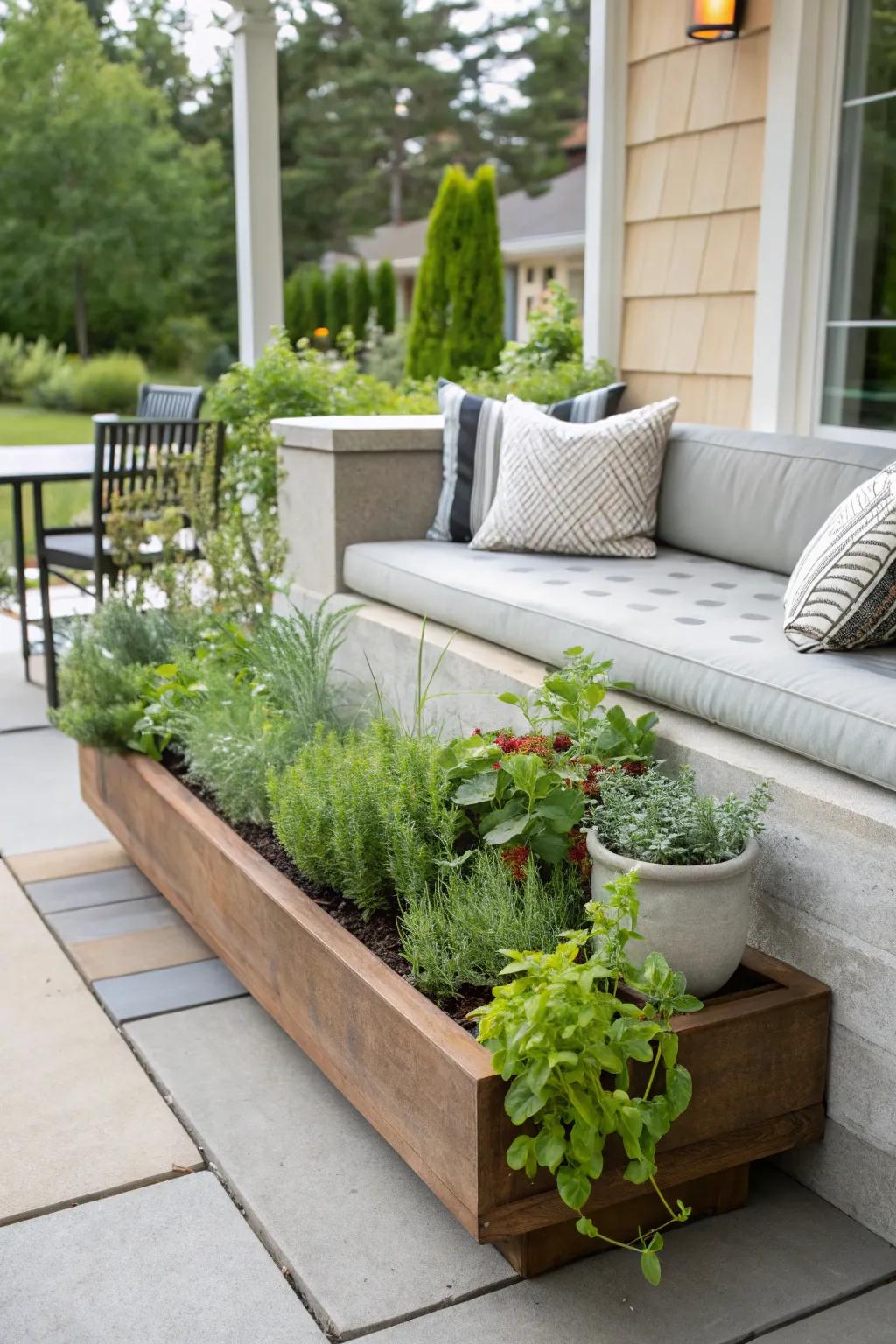 A cozy seating area with planters full of aromatic herbs.