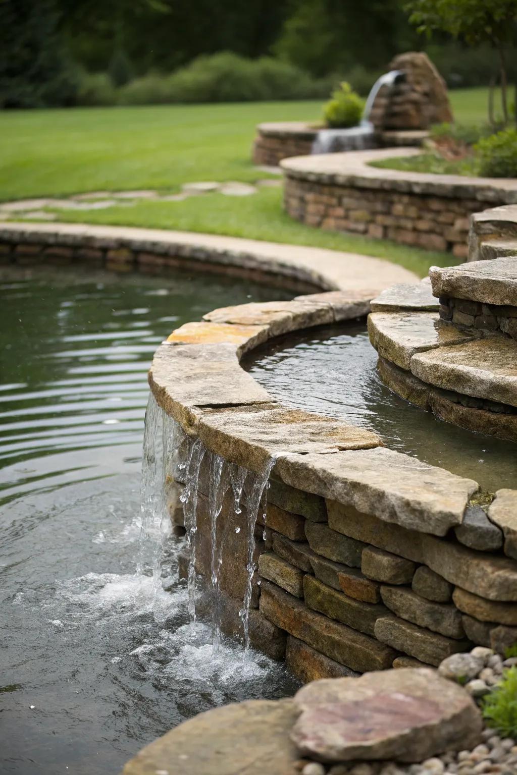 Tiered stone layers create a dynamic and visually appealing raised pond.