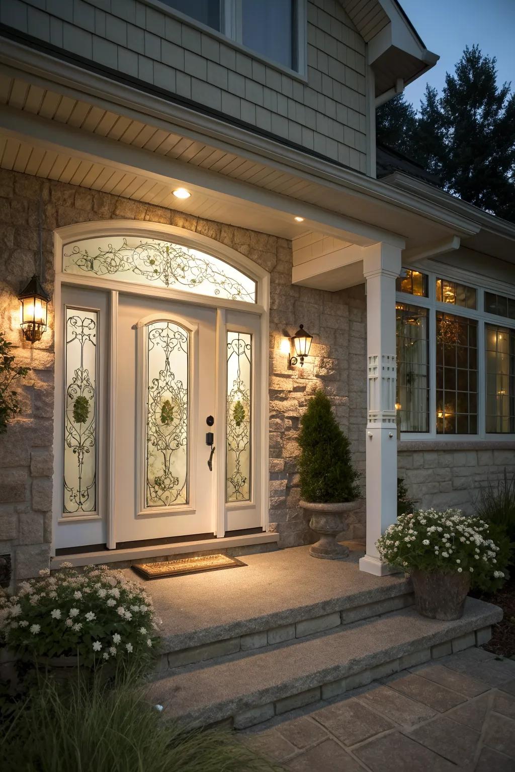 A stylish raised ranch front door with sidelights and decorative glass panels.