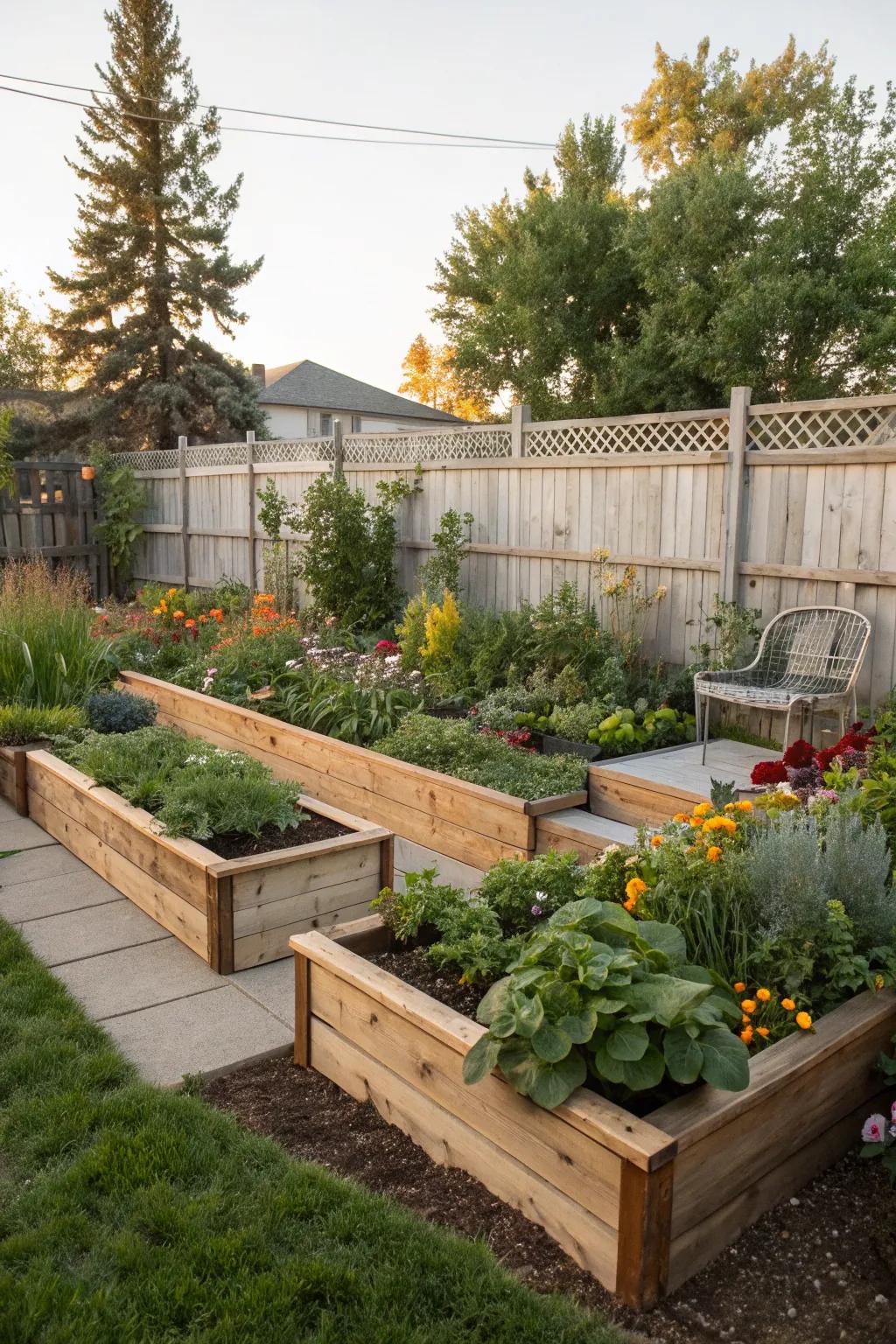Raised garden beds with built-in seating for a cozy gardening experience.