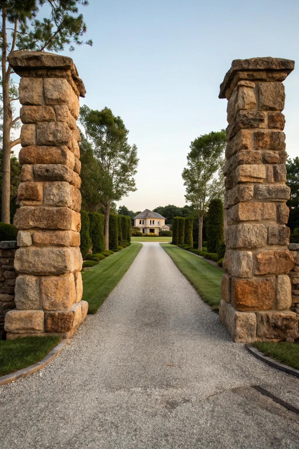 Natural stone pillars marking the entrance to a beautifully rustic driveway.