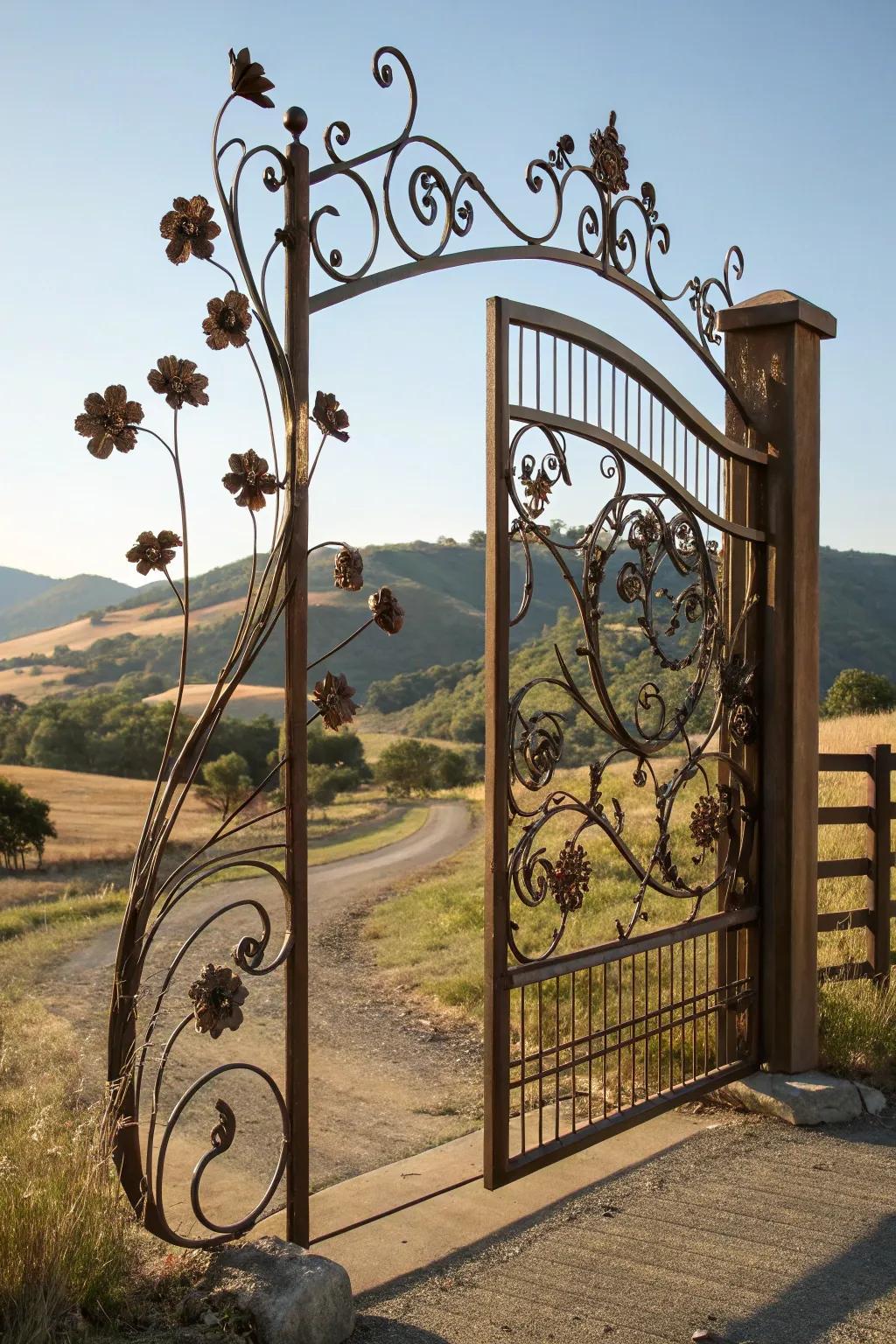 A ranch gate embellished with ornamental metalwork.