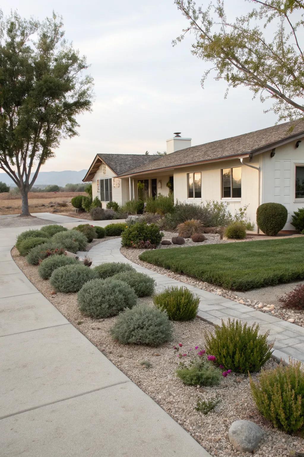 Minimalist plantings highlight the ranch house's natural beauty.