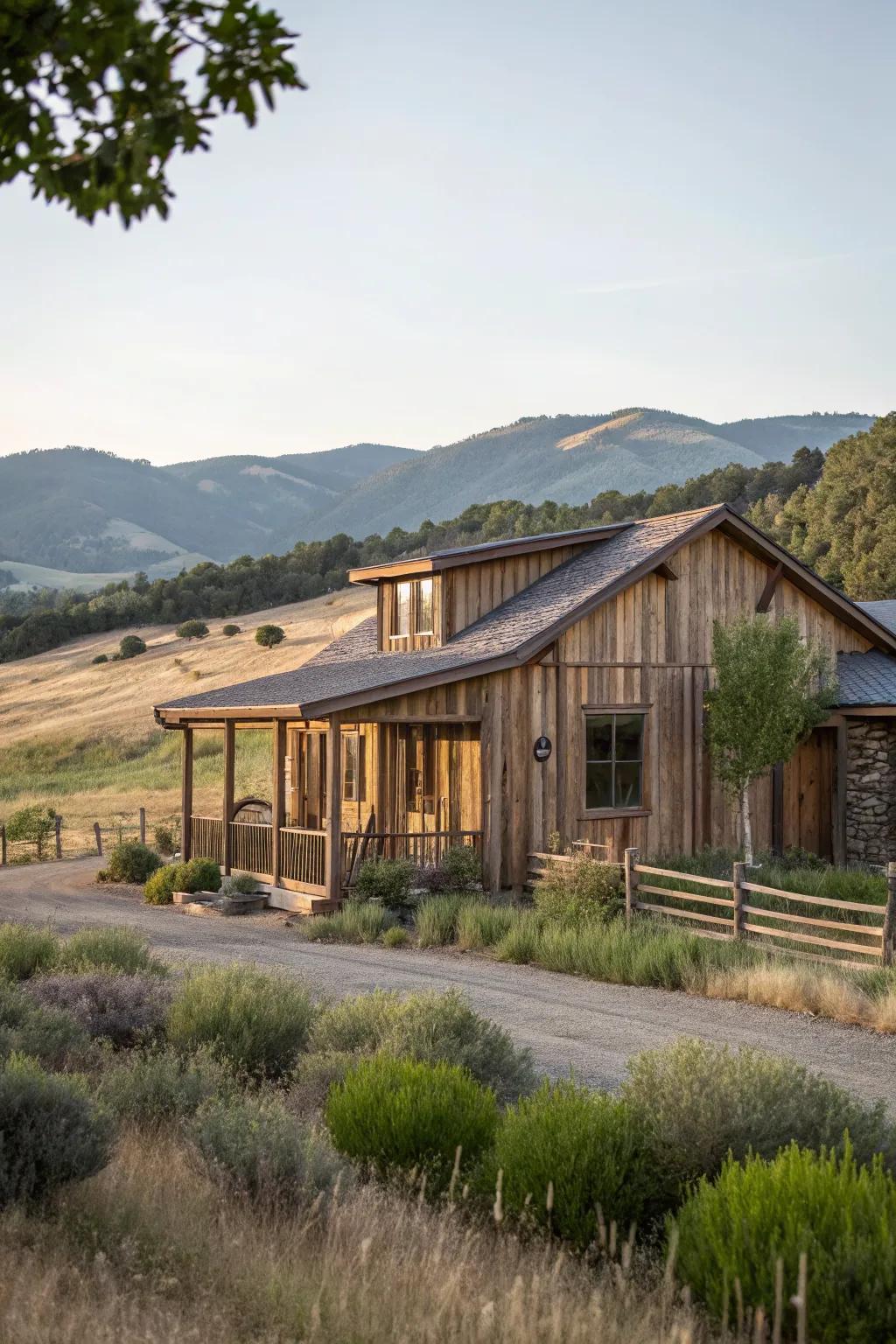 Reclaimed wood siding adds a sustainable and storied touch.
