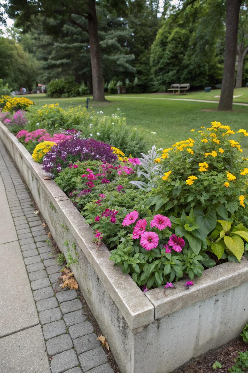 A harmonious blend of lush greenery and vibrant flowers in a rectangular bed.