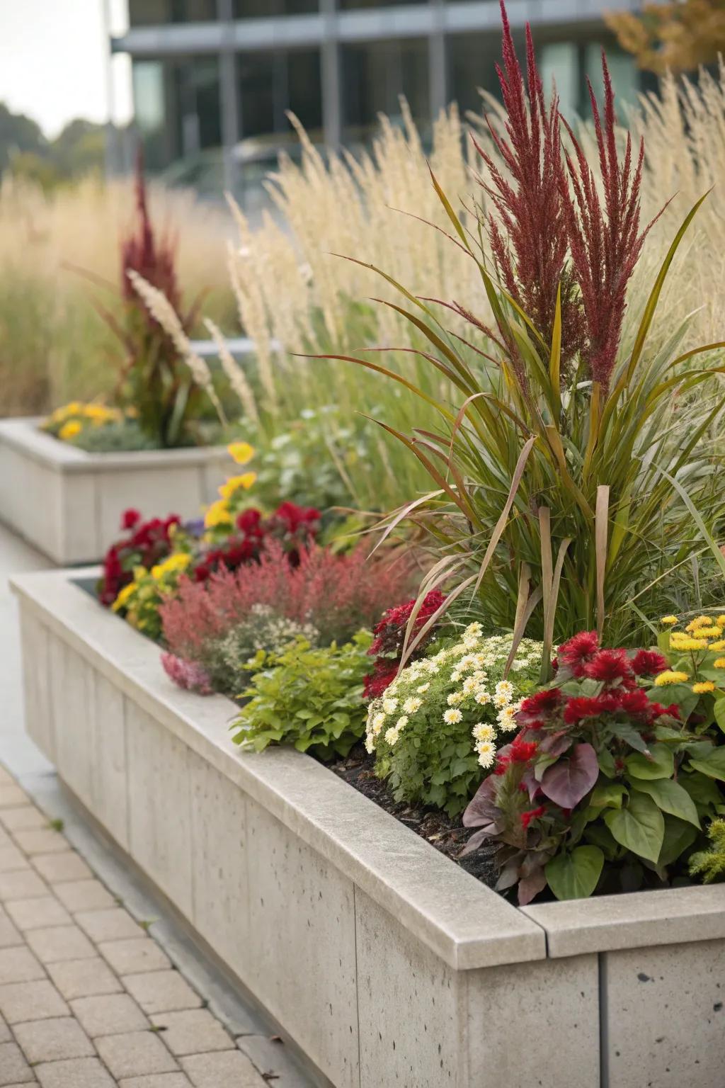A visually layered flower bed with mixed plant heights.