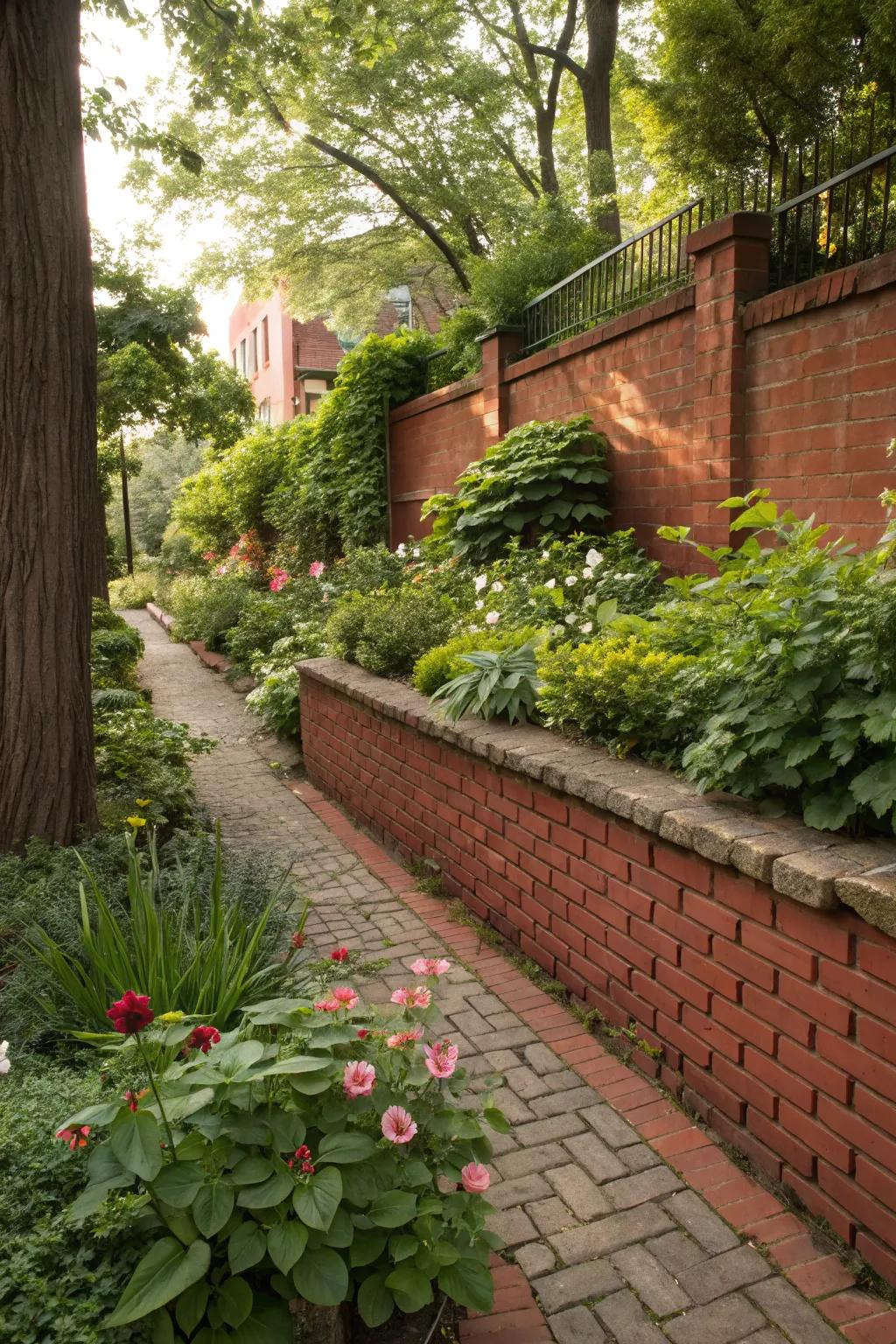An urban garden oasis with a red brick retaining wall.