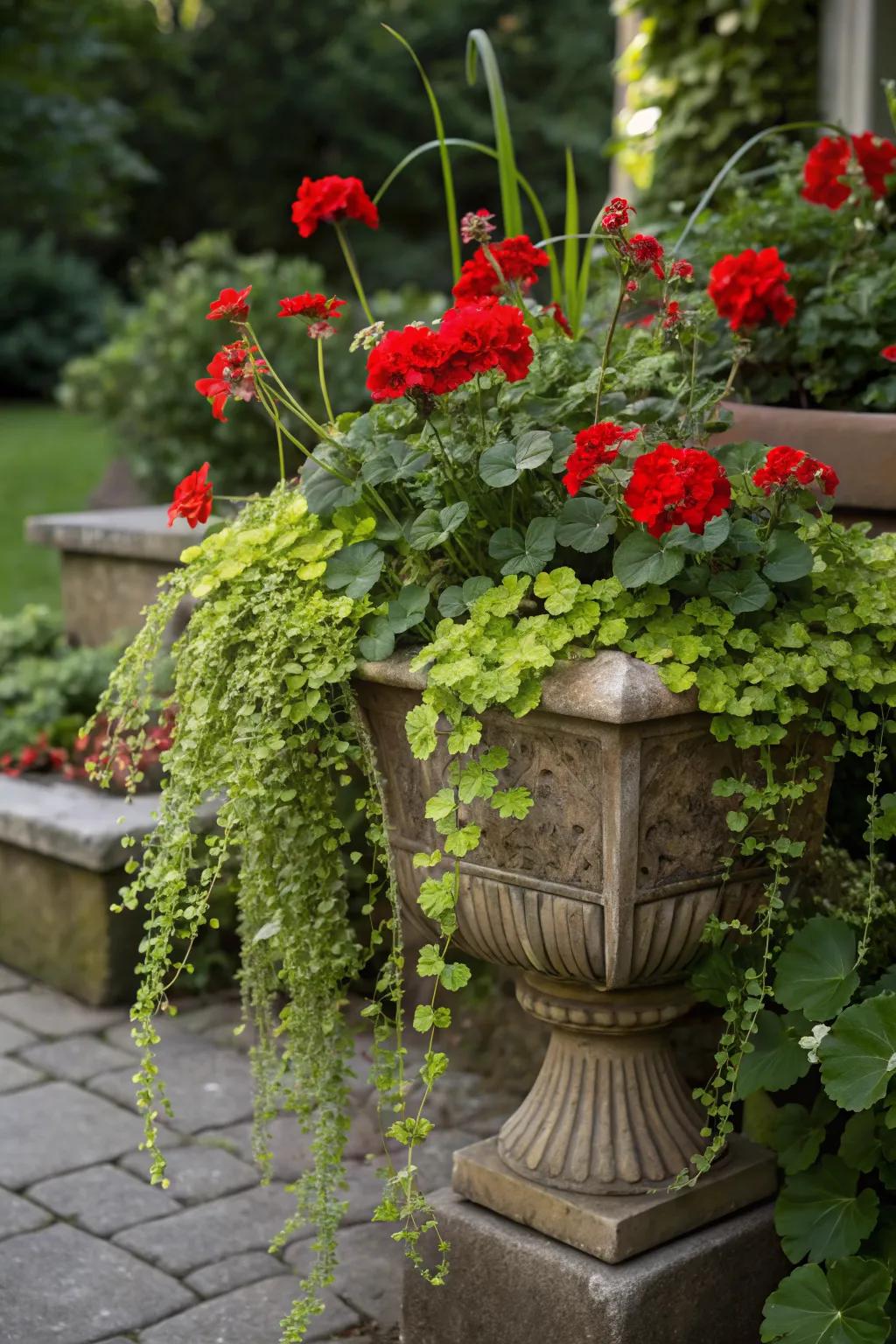 Golden creeping jenny cascades elegantly alongside vibrant red geraniums.
