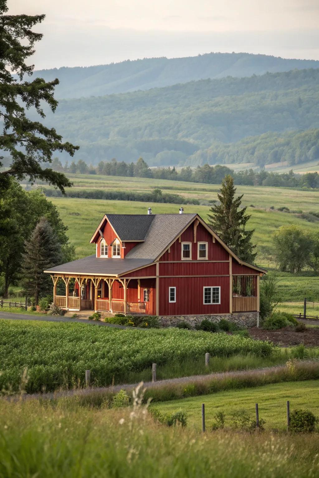 Rustic barn style with a welcoming red exterior.