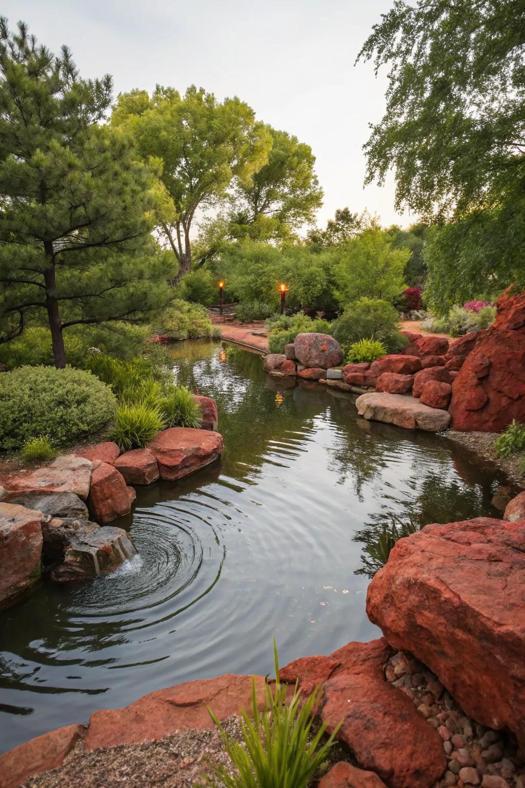 A tranquil pond bordered by red rocks creates a peaceful retreat.