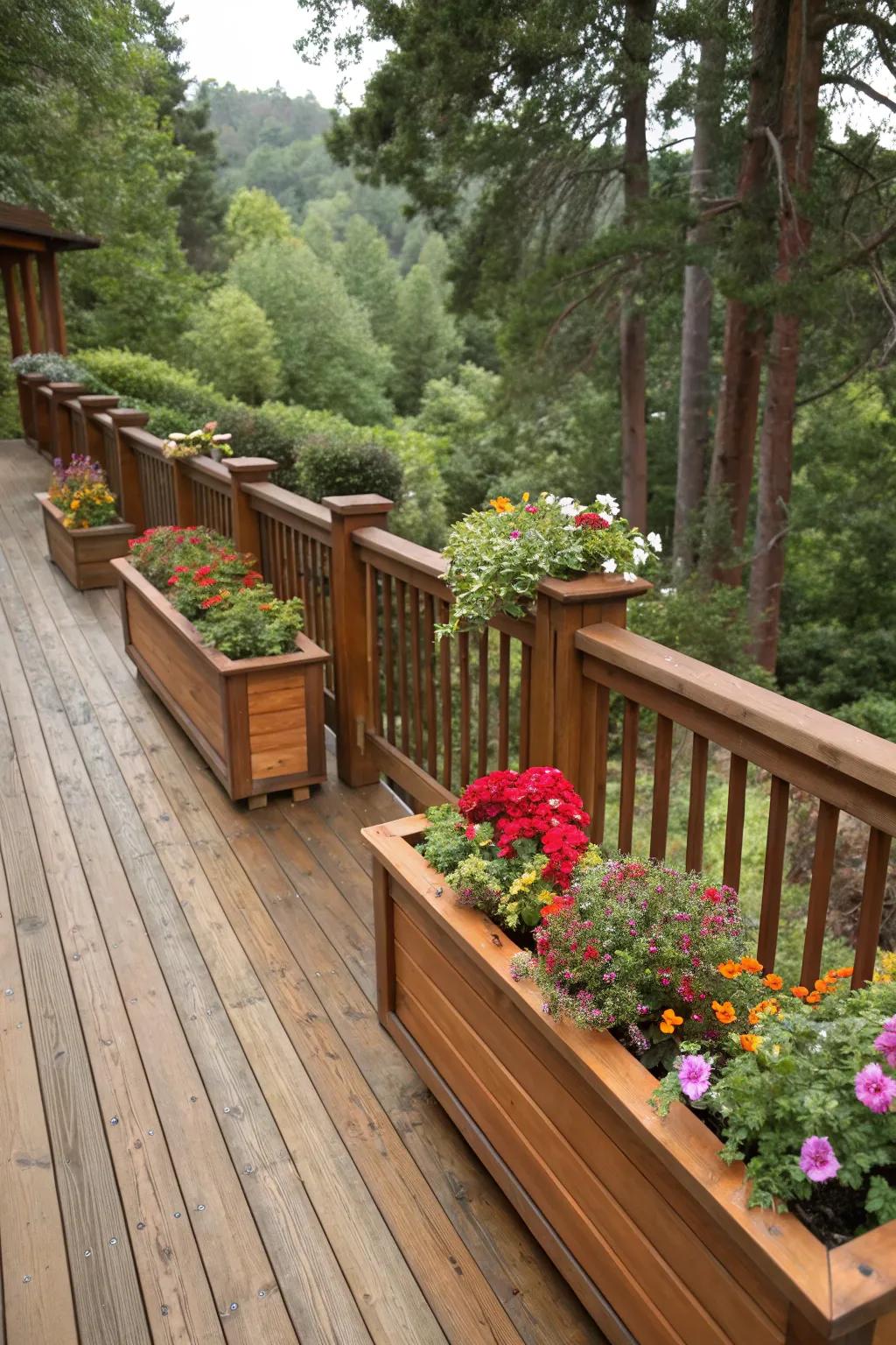 Nature meets design with planter box railings on a redwood deck.