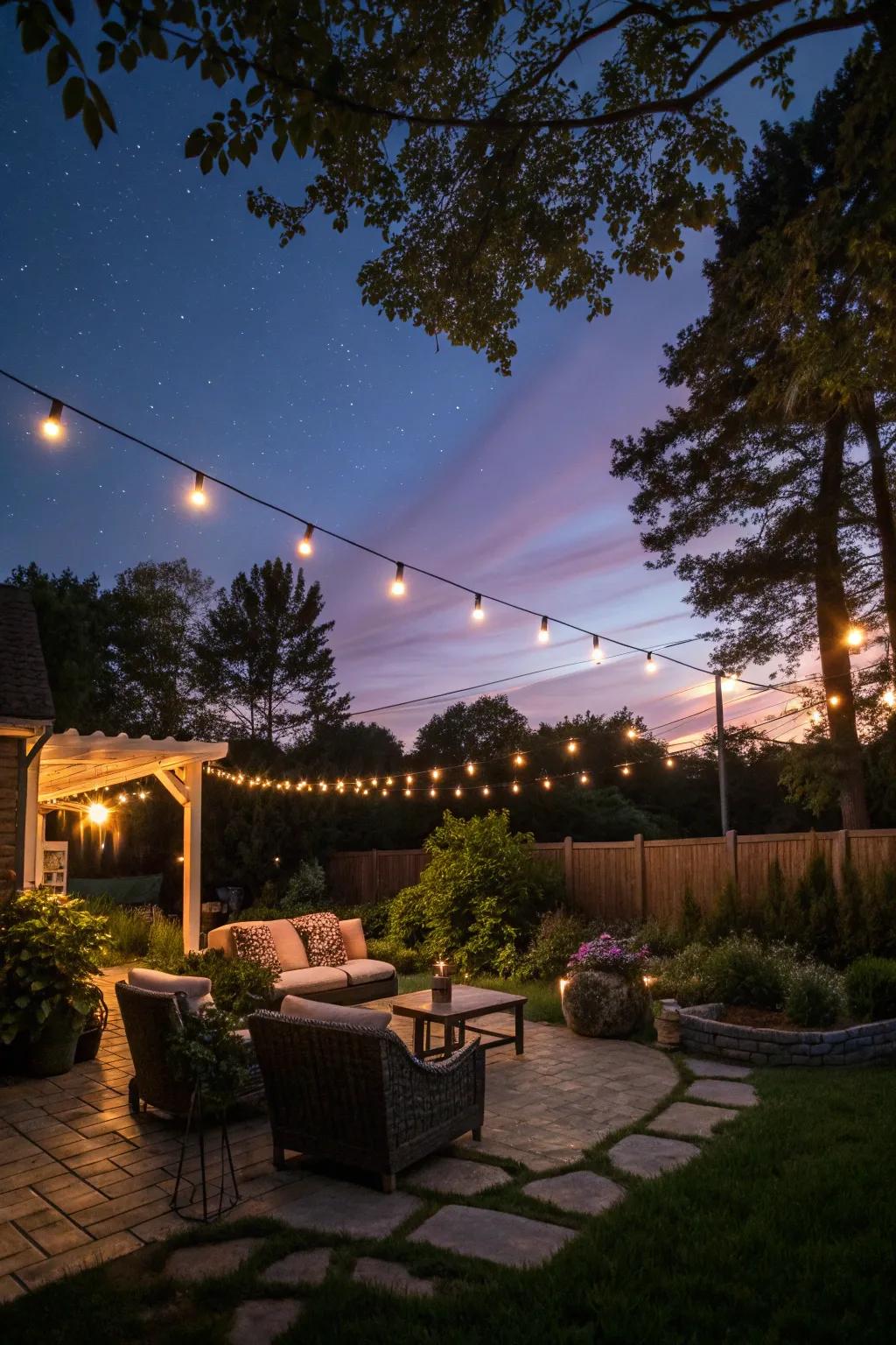String lights add enchantment to evening gatherings.