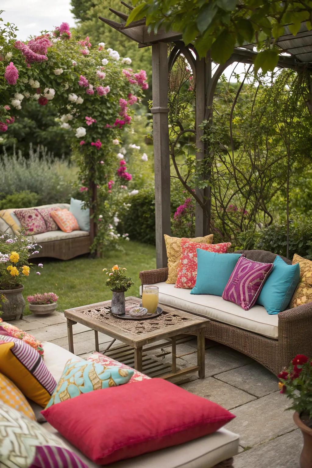Comfortable textiles enhance the garden seating area.