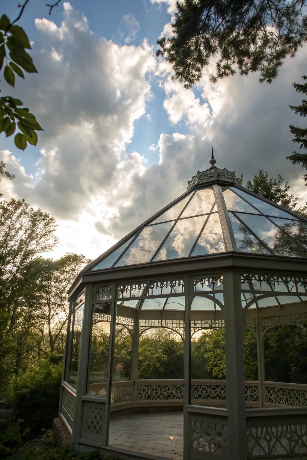 Glass roofs bring an upscale, transparent elegance to your gazebo.