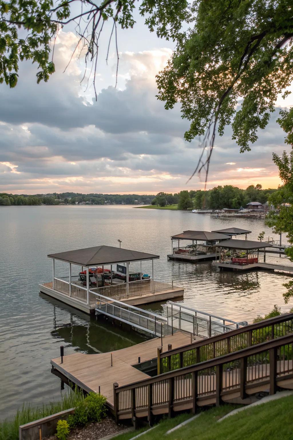 A multi-level dock on a residential lake, offering stunning views and versatile spaces.