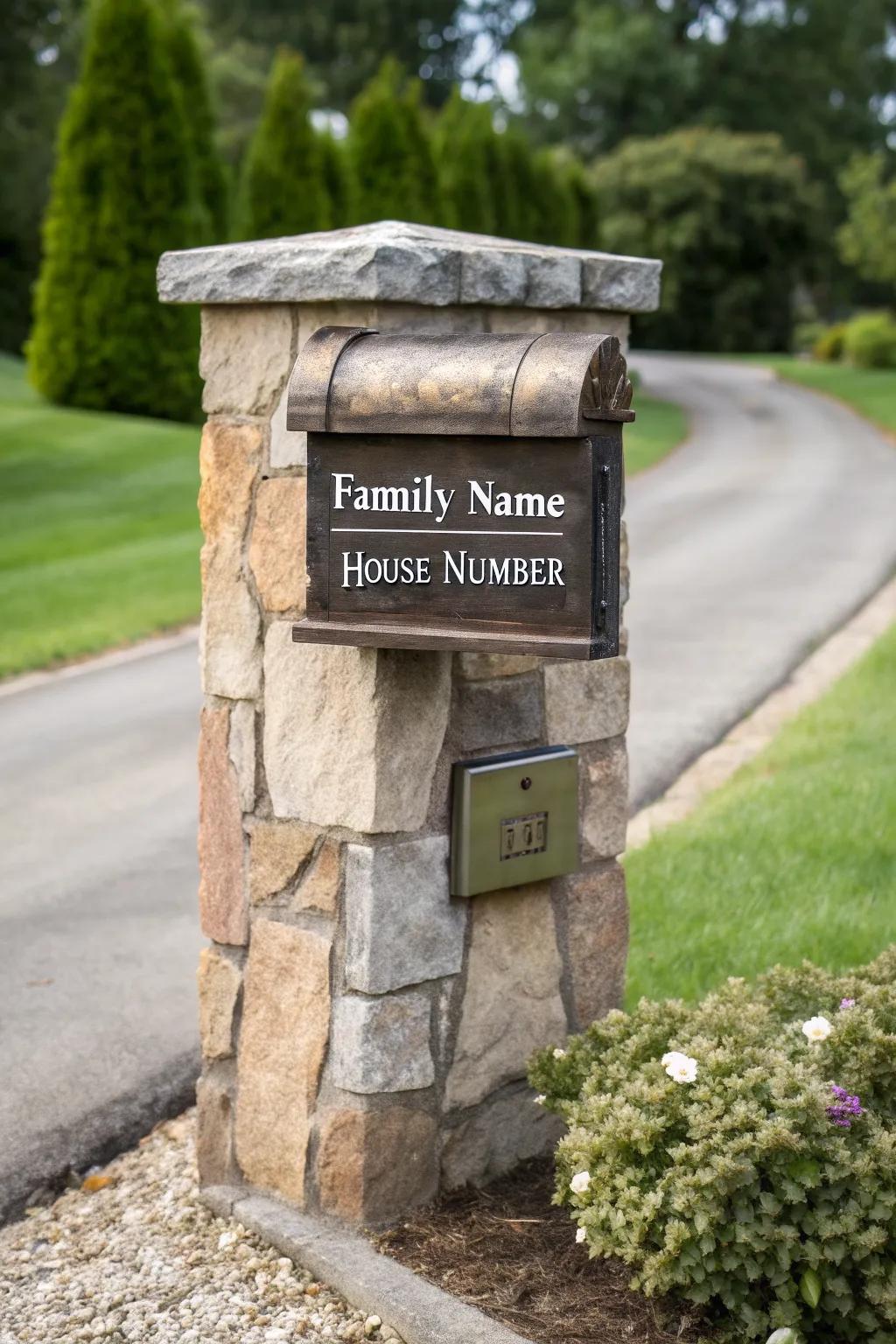 A personalized plaque adorns a stylish stone mailbox.