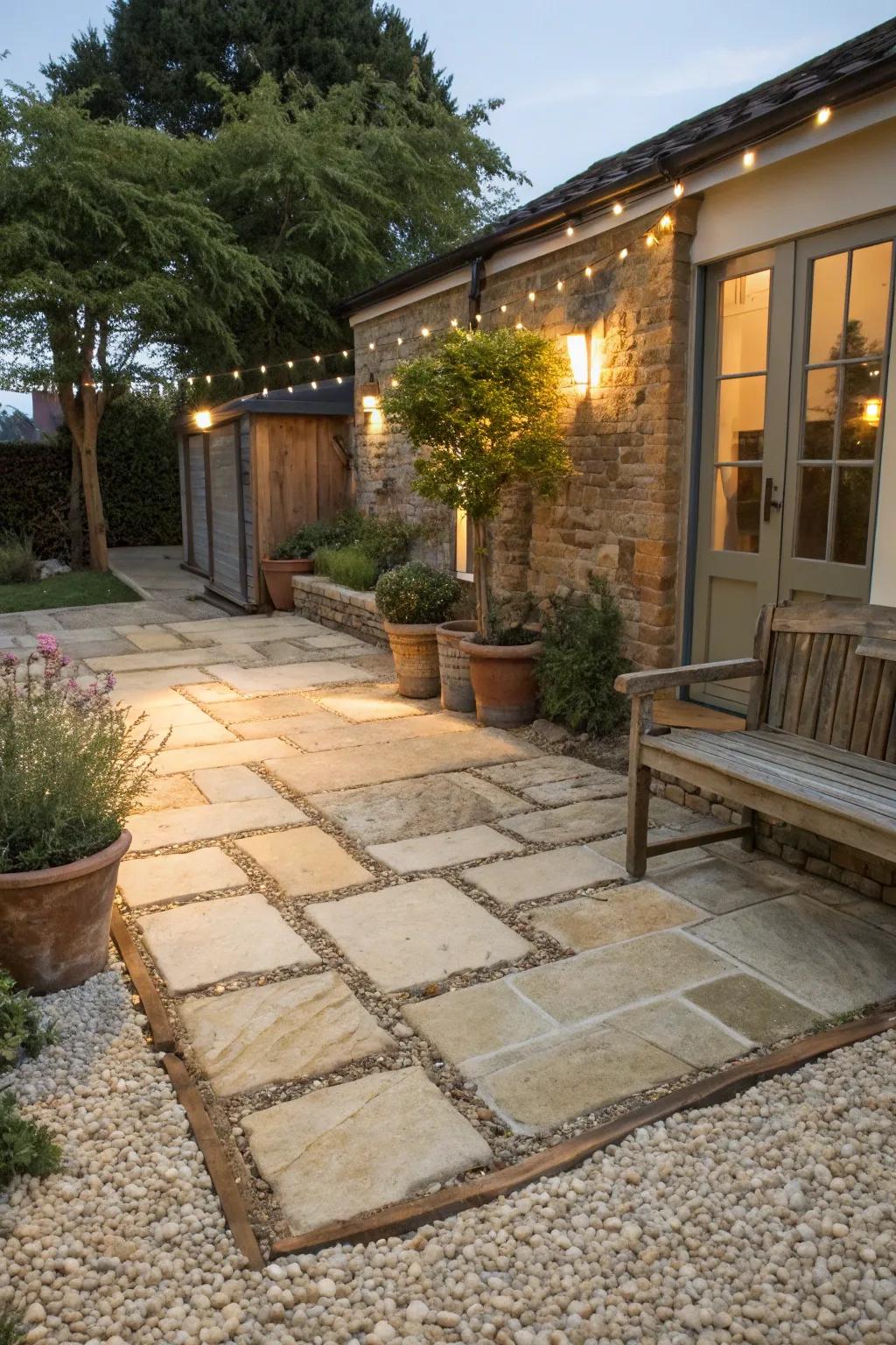 A chic resin and gravel patio showcasing rustic elements.