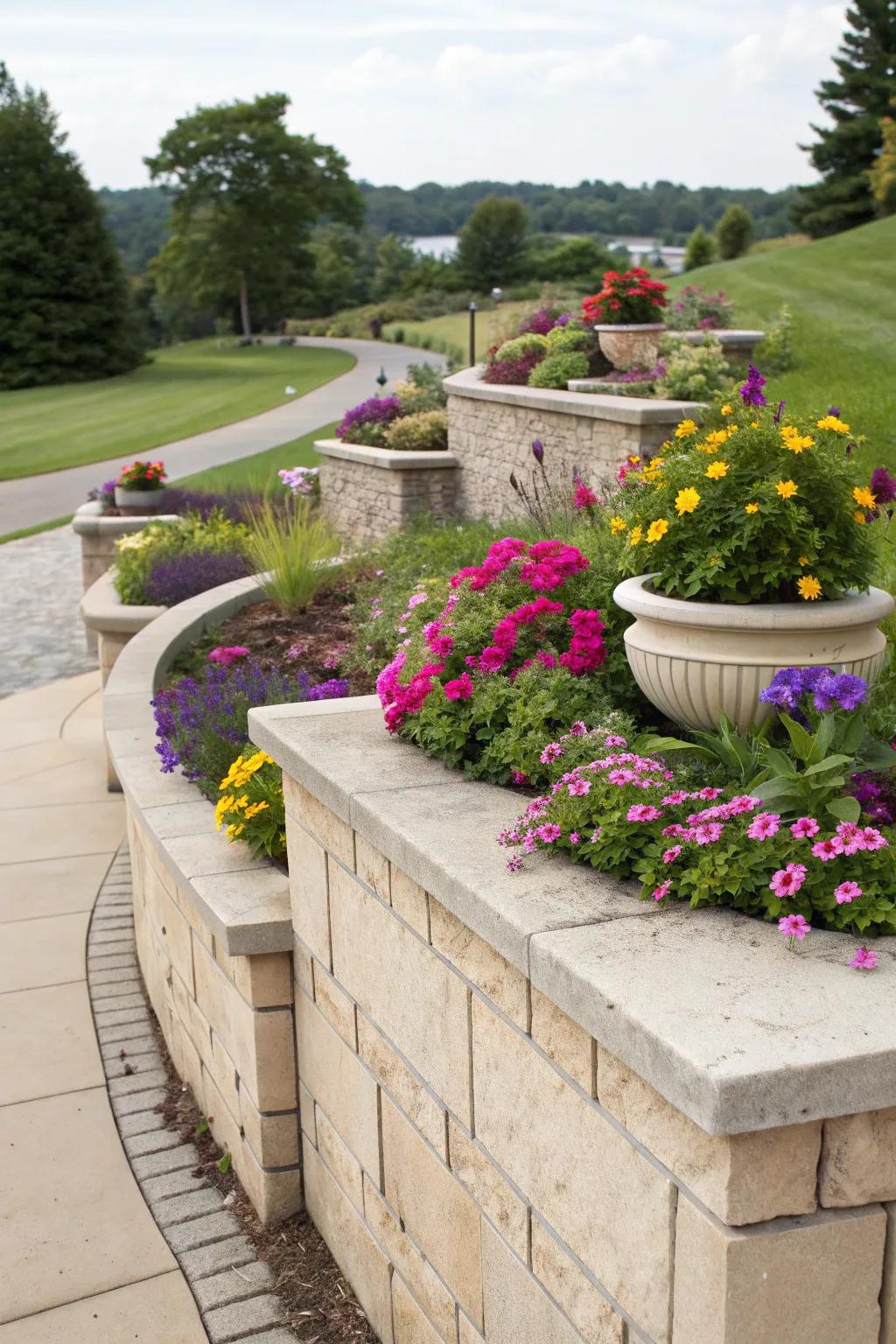 Built-in planters add a splash of color to your wall caps.