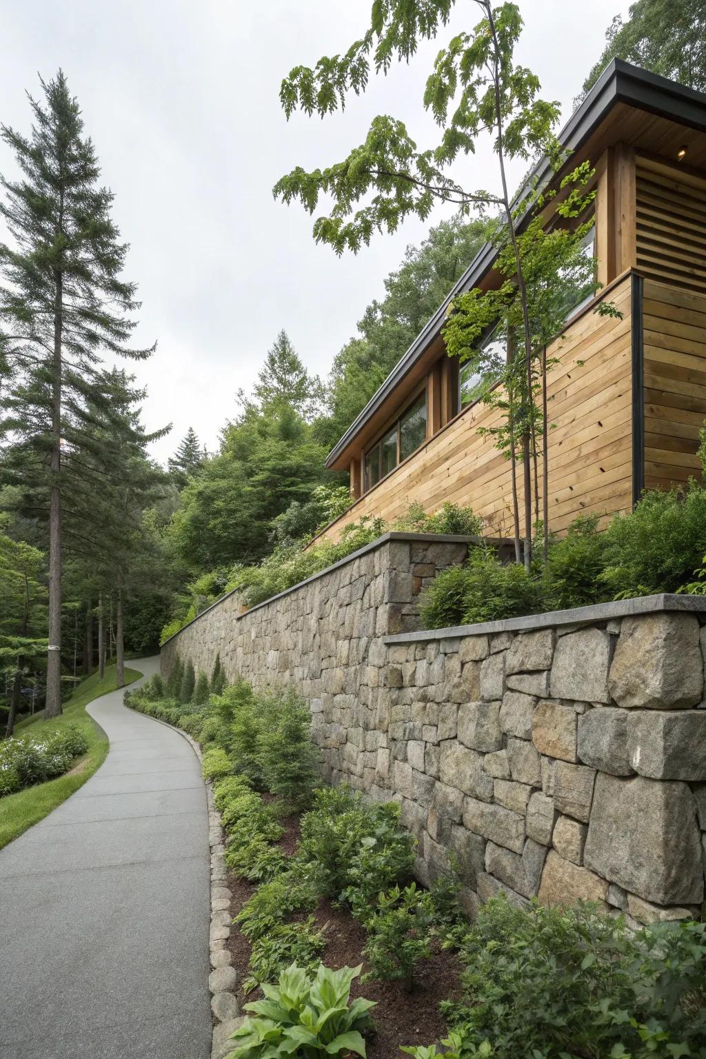 Mixed materials create unique and textured retaining walls.