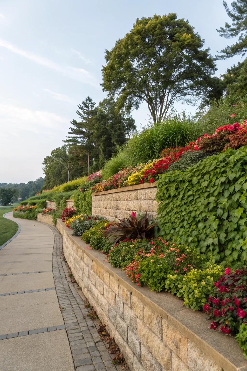 Garden landscaping adds lush appeal to retaining walls.