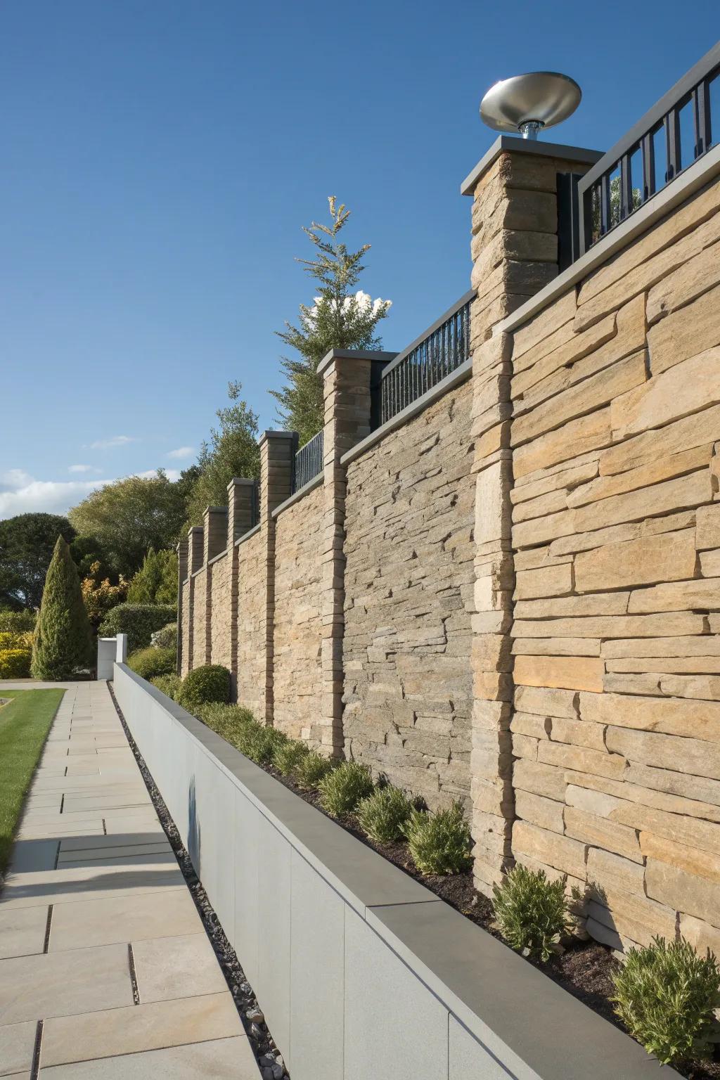 A retaining wall that beautifully blends modern and rustic elements.