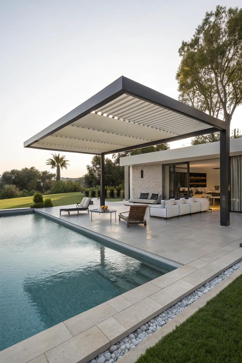 A cantilevered structure providing modern poolside shade.