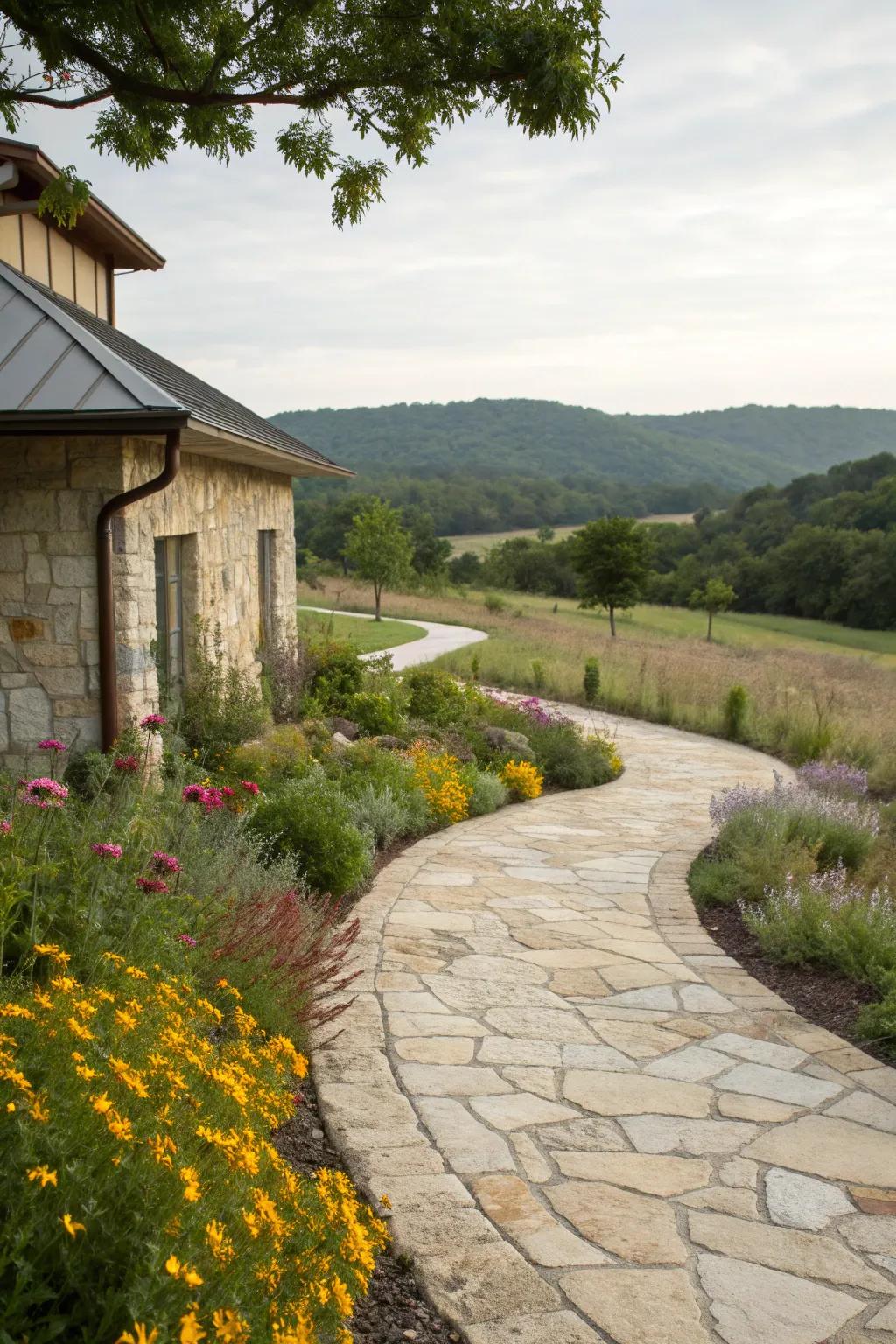 A fairytale-like natural stone ribbon driveway with a vibrant wildflower center.