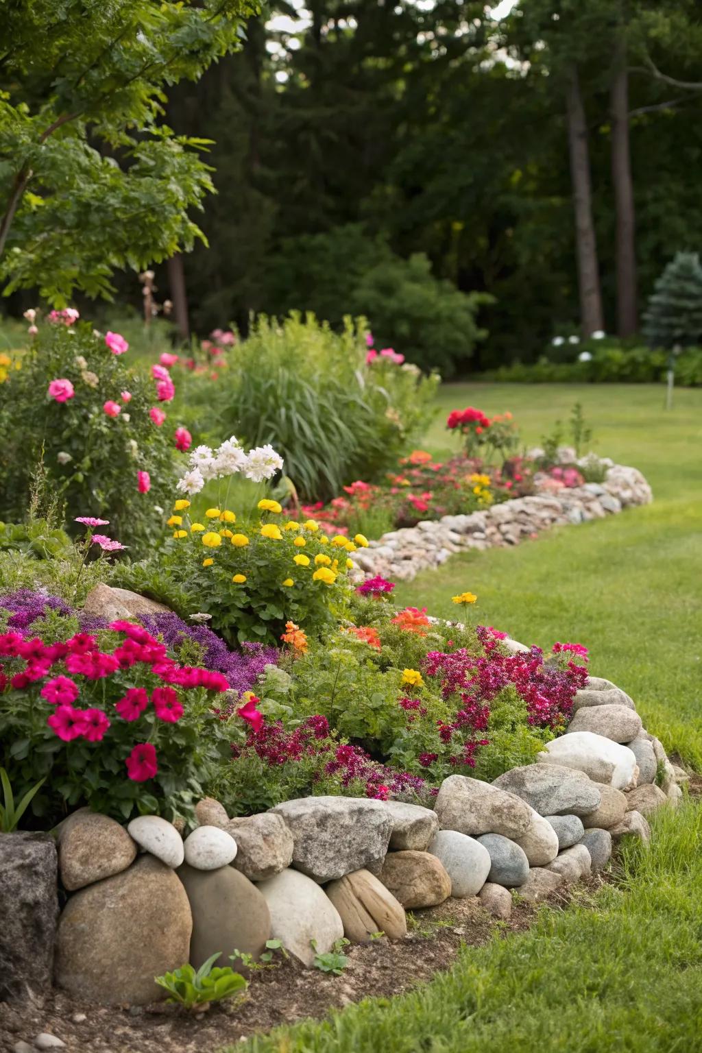 Riprap stones providing a natural border for vibrant garden beds.