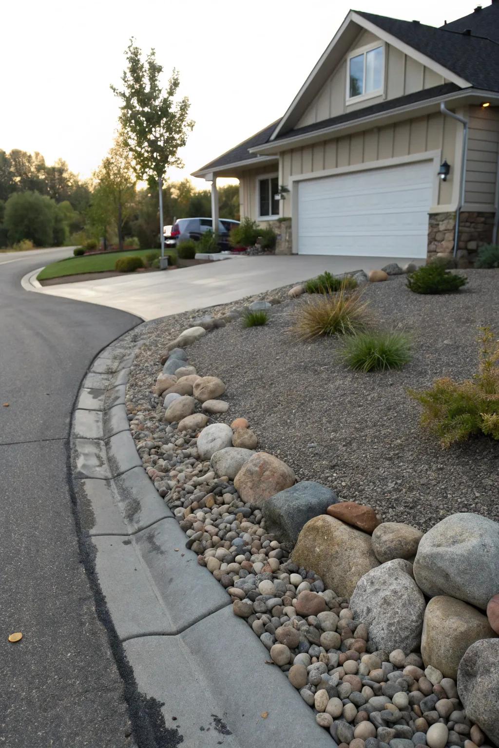 Functional river rock borders designed for excellent drainage.