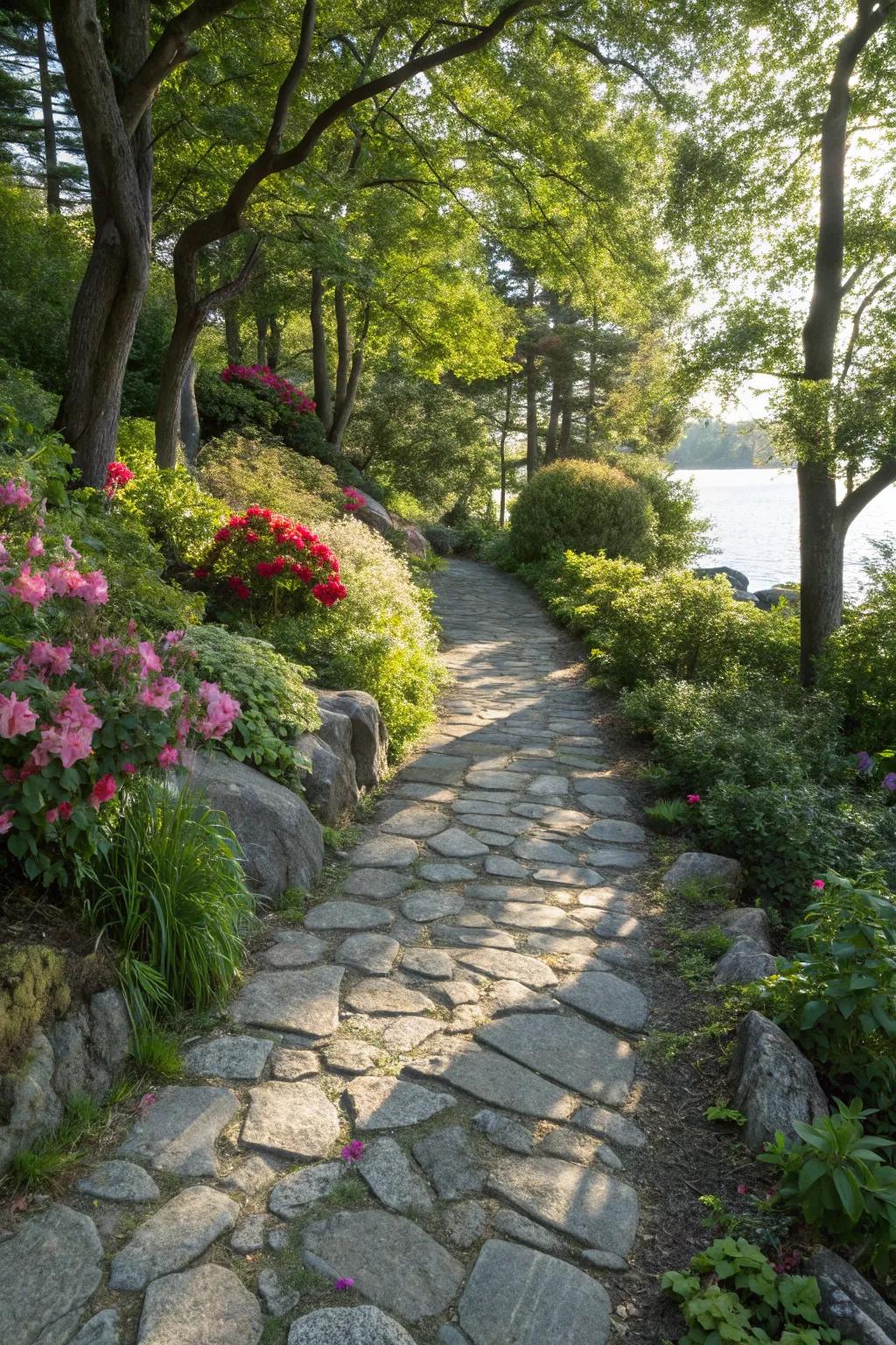 Lush greenery borders a river rock path.