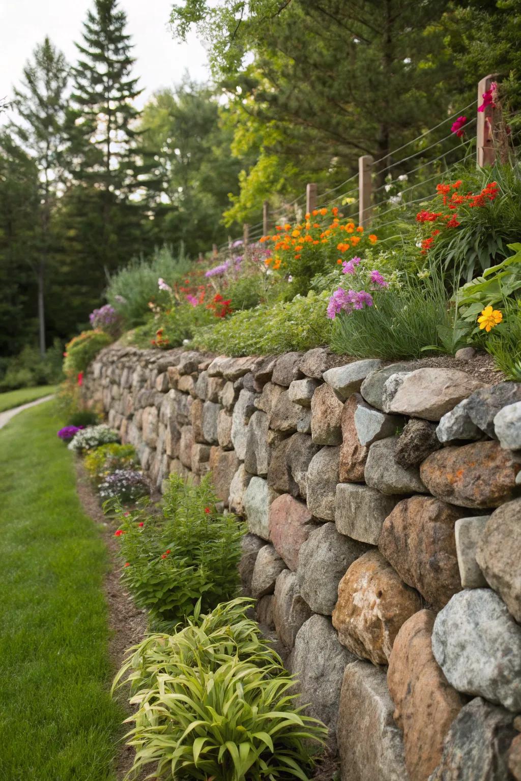 A layered rock fence that adds visual depth and interest.