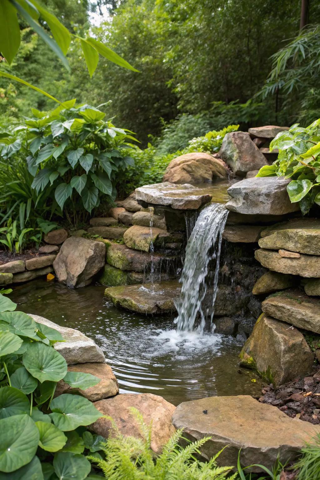 A pondless waterfall offers the allure of water sounds without the upkeep of a pond.