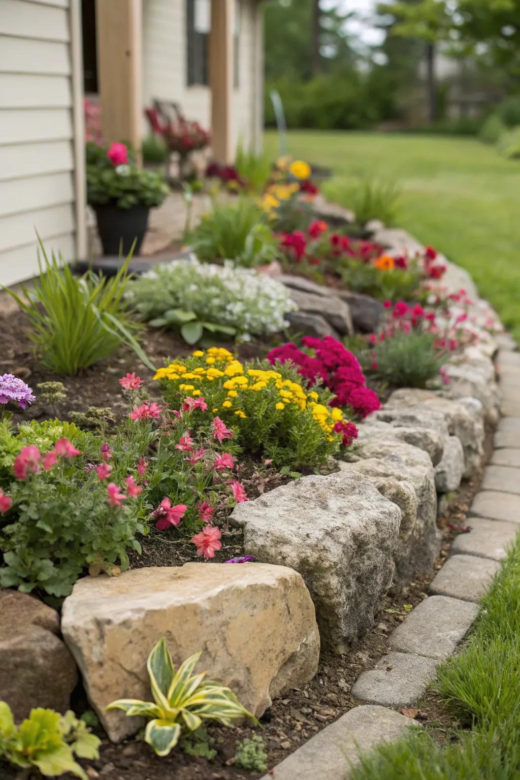 Rocks make for attractive and functional garden bed borders.